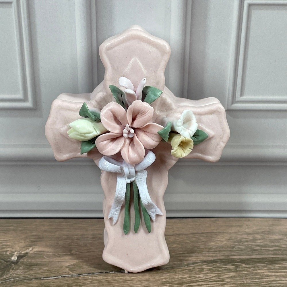 Pink Floral calla lily Cross Trinket Box Figurine Religious Keepsake‎ Gift Decor